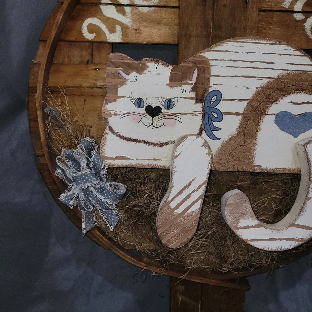 Vintage Handmade Wooden Crate Welcome Sign Cat Kitten Cottagecore Farmhouse